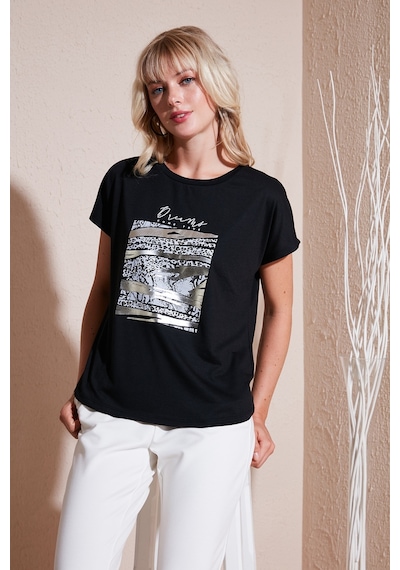 Lela Baskılı Bisiklet Yaka Regular Fit Bayan T Shirt 6671000 Siyah