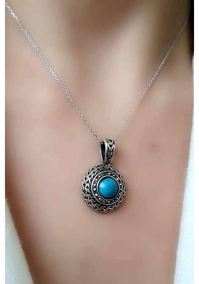 Turkuaz Taşlı Gümüş Tasarım El Işi Kolye (469291617)