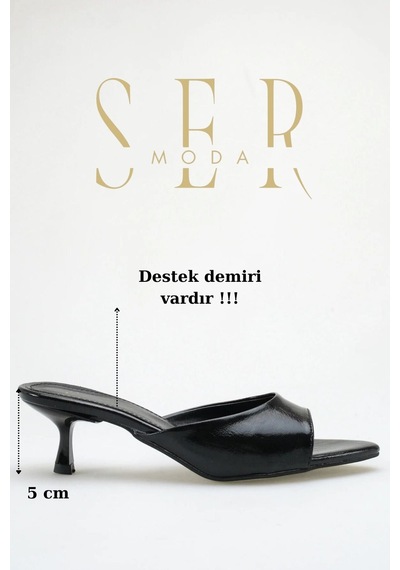 Sermoda Topuklu Kadın Terlik - 5 Cm İnce Topuklu Sivri Burun Kadın Terlik Siyah Yanki