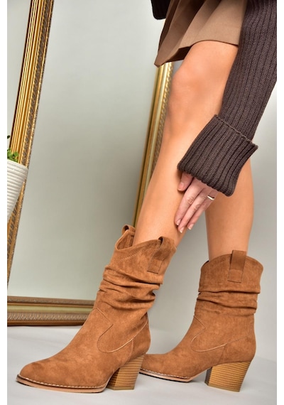 Fox Shoes T296713002 Taba Süet Kalın Topuklu Kadın Bot Taba-Süet Taba