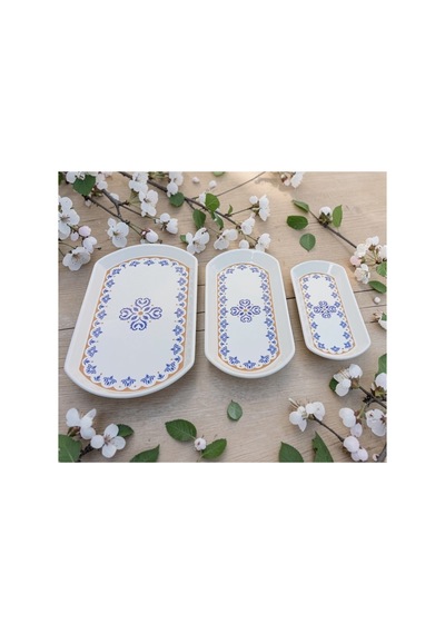 Ottoman 3 Boy Seramik Oval Kayık Kahvaltı Sunum Tabağı Seti Mavi