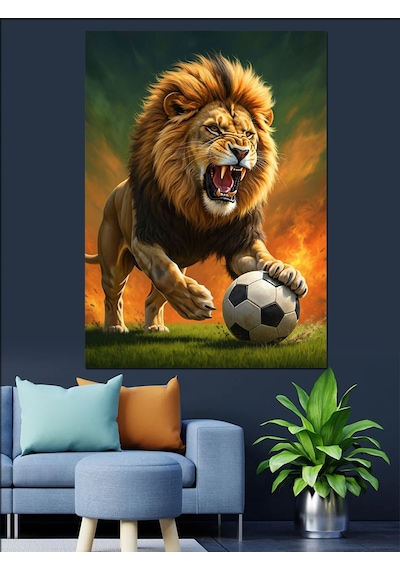Ahşap Tablo Futbol Oynayan Aslan Resmi