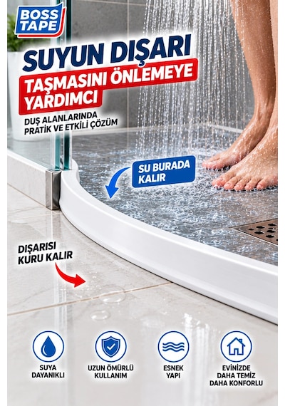 Kendinden Yapışkanlı Su Bariyeri Beyaz 2 Metre 15 Mm Esnek Duşakabin Su Tutucu Bant Su Bariyeri