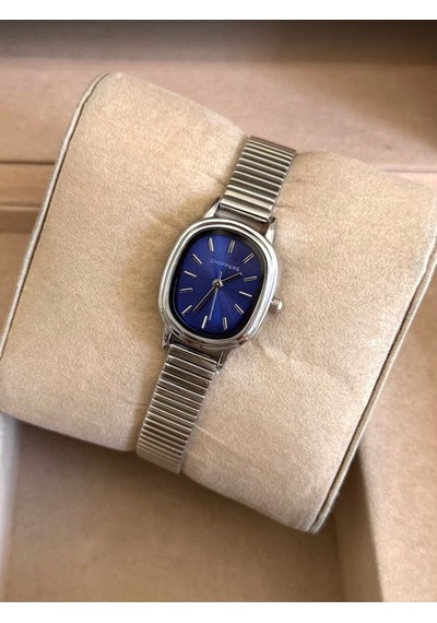 Gümüş Renk Kaplama Çelik Kordonlu Şık Vıp Model Lacivert Oval Kadranlı Kadın Saati Vintage Şıklık Lacivert