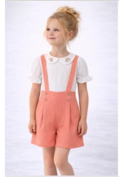 Kız Çocuk Şort Tulum Takım Askıl Şort & Nakışlı Yakalı Bluz-2525p- Pembe