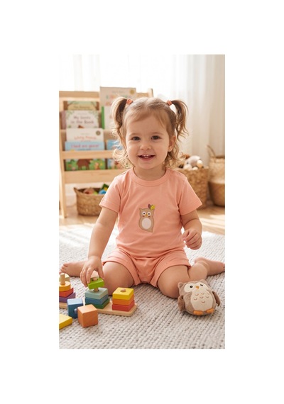 Fuar Baby Miniklere Özel Kız & Erkek Bebek Pamuklu Kısa Paça Tulum Baykuş Desenli Fuar Baby Miniklere Özel Kız & Erkek Bebek Pamuklu Kısa Paça Tulum Baykuş Desenli