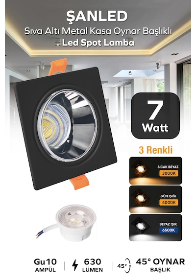 7w 3 Renkli Sıva Altı Kare Metal Siyah Krom Kasa Oynar Başlıklı Gu10 Led Spot 1 Adet Siyah - Bakır