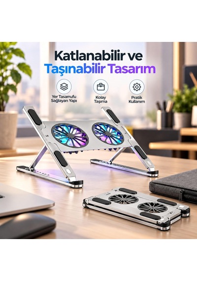 Çift Fanlı Laptop Soğutucu Stand, 8 Kademeli Ayarlanabilir Metal Stand P-11