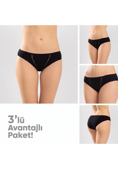 Elitse Kadın Pamuklu Zikzak İşlemeli Bikini Kesim Külot 3'lü Paket Siyah Beyaz Dantel Detaylı İç Çamaşırı
