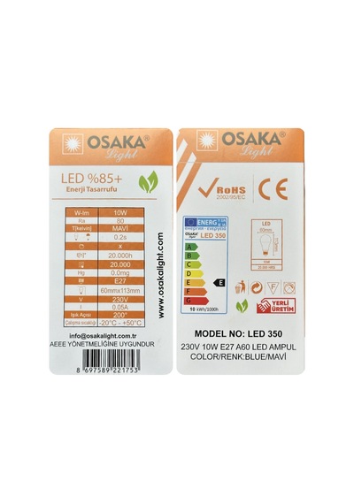 10 Adet Osaka 10w Mavi Işık E27 Duylu Kalın Duy Led Ampul