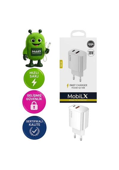 Mobilx 38w Hızlı Şarj Başlığı Pd20w + Qc18w Çift Çıkışlı