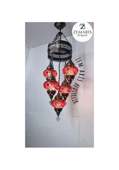 El Yapımı Otantik Mozaik 5 Li Avize Tavan Lambası Dekoratif Pembe - 786500254 Pembe