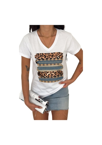 Cassime Kadın Leopar Desenli %100 Pamuk Beyaz V Yaka T-shirt