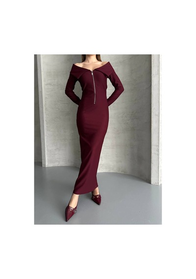 Asur Boutique Asur Butik Yarı Fermuarlı Ottoman Kumas Elbise Bordo