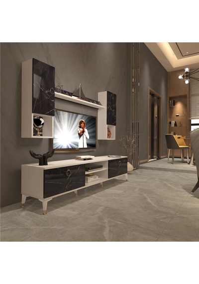 Decoraktiv Eko 5da Mdf Dvd Gold Tv Ünitesi Tv Sehpası Beyaz - Siyah Mermer