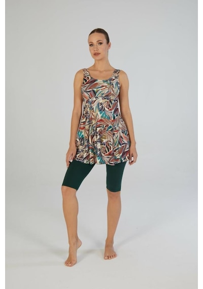 Estiva 26609 Leafy Desenli Askılı Taytlı Elbise Mayo Siyah