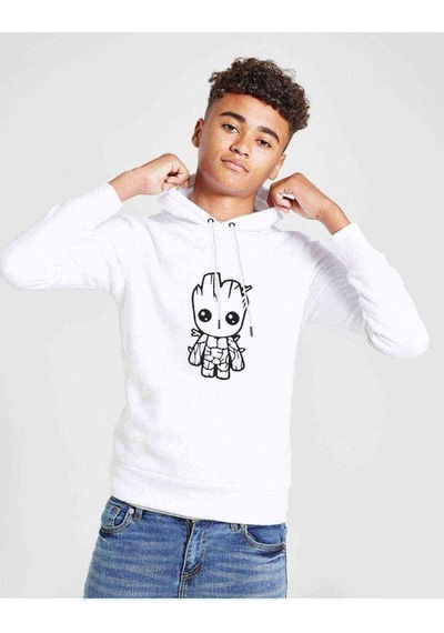 Tshirthane Groot Pattern Logo Çizim Baskılı Unisex Çocuk Kapüşonlu Sweat Beyaz
