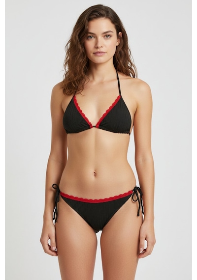 Kırmızı Dantel Detaylı Siyah Bikini Takımı Ayarlanabilir İpli, İçten Şardonlu, Kadın Mayo