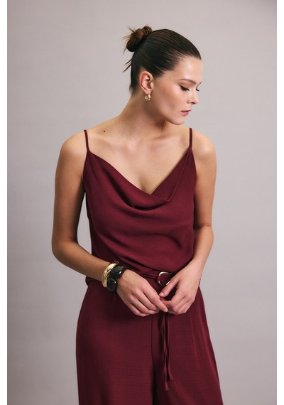 Sateen Degaje Yaka Dökümlü Bluz - Mürdüm-136691 Mürdüm