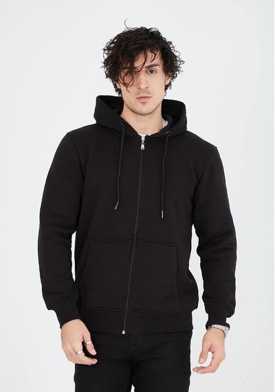 Luz&pos Erkek Tam Fermuarlı Kapşonlu Sweatshirt - Siyah Siyah