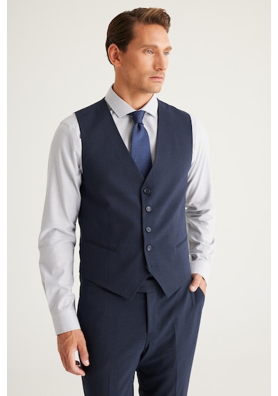 Ac&Co / Altınyıldız Classics Erkek K.lacı Recycle Slim Fit Dar Kesim Mono Yaka Yelekli Kareli Takım Elbise K.lacı Koyu Lacivert