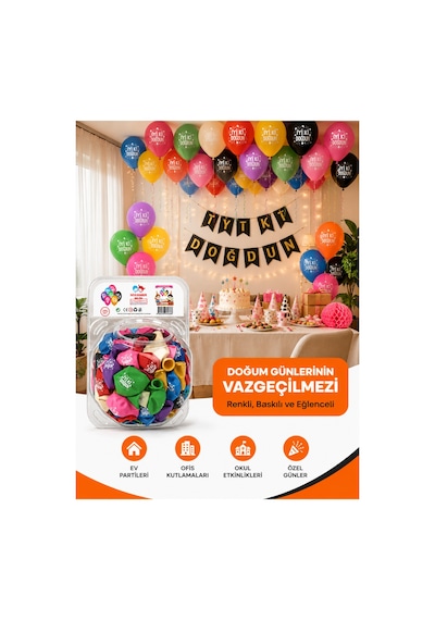 100'lü İyi Ki Doğdun Baskılı Lateks Balon Seti Pompa Hediyeli Plastik Saklama Kutulu Doğum Günü Parti Süsü Çok Renkli