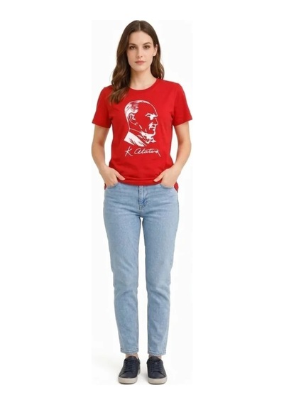 Hazego Atatürk Baskılı Tişört Kısa Kollu Bisiklet Yaka T-shirt - Kırmızı