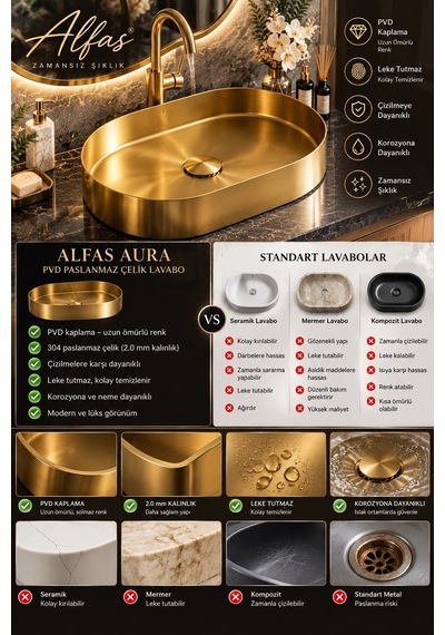 Alfas Aura Oval 60x40cm Pvd Gold Tezgah Üstü Çanak Lavabo 304 Paslanmaz Çelik 2.0mm
