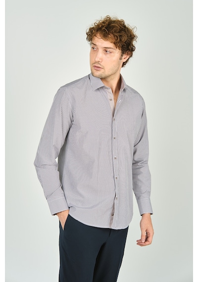 De Leone Erkek Slim Fit Ekoseli Uzun Kollu %100 Pamuk Gömlek 2060 Kahverengi Kahverengi