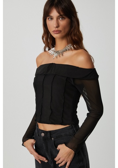 Ethıquet Nerys Kadın Straplez Yaka Omuzları Açık Uzun Kollu Slim Fit Siyah Bluz