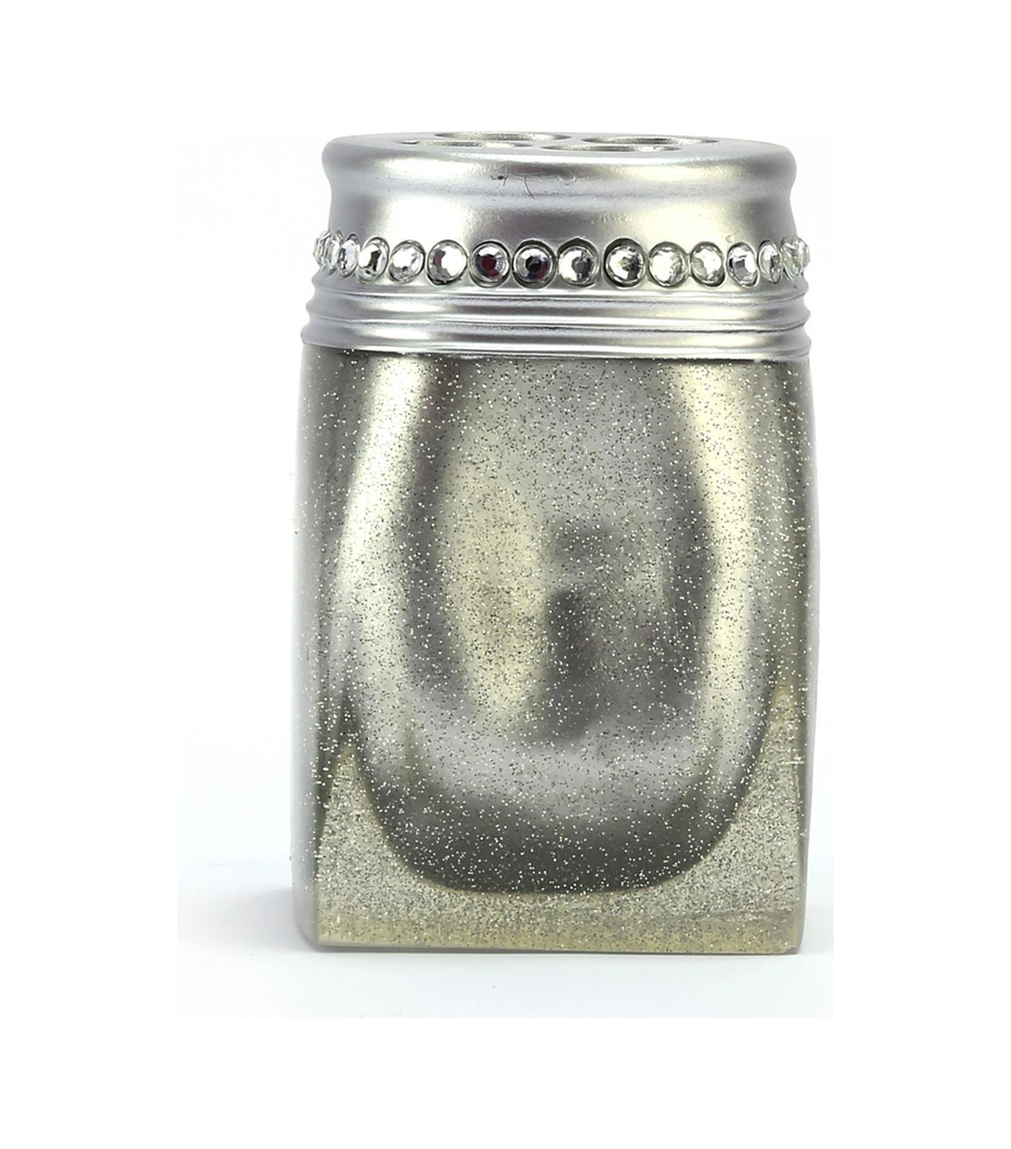 2 Adet Diş Fırçalık Kristal Taşlı Gümüş Poliresin 7x7x10cm Banyo Seti Çok Renkli