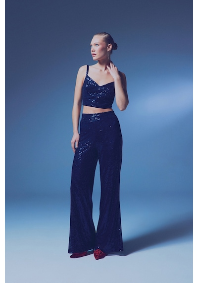 Sateen Payetli Salaş Pantolon - Lacivert-135397 Lacivert