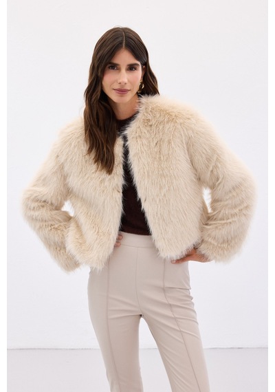 Sateen Yakasız Kürk - Bej-135665 Bej