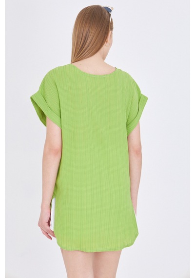 Armonika Kadın V Yaka Yanları Yırtmaçlı Arkası Uzun Duble Kol Detaylı Oversize Bluz Arm-24y001074 Fıstık Yeşili