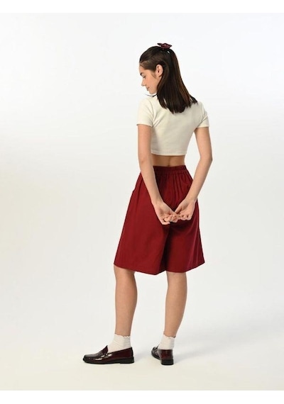 Zekids Kız Çocuk Fitilli Crop Kapri Şort T-shirt Tasarım Takım-15524 Bordo
