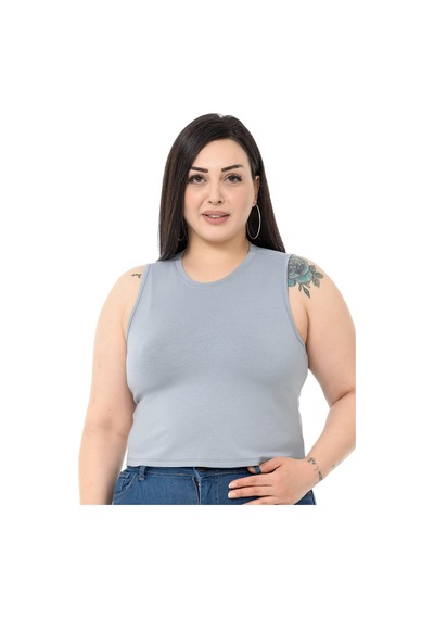 Disentis Büyük Beden Bisiklet Yaka Kolsuz Crop Viskon Açık Gri Body-açık Gri Çok Renkli