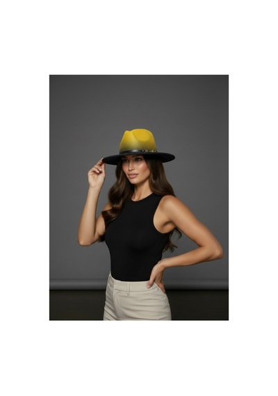 Gigi Luxe Özel Tasarım Fedora Fötr Şapka Ayarlanabilir Gold Aksesuarlı Kovboy Fötr Sarı Sarı
