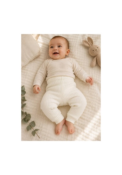 H&c Coolboy H&c %100 Pamuk Ajurlu Bebek Tek Alt Pantolon 0-36 Ay Yumuşak Dokulu Esnek Bel Ekru Noktalı