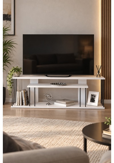 Sulorahome Beyaz Tv Ünitesi 140 Cm Raflı Metal Detaylı Tasarım