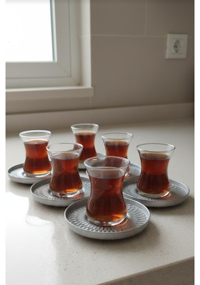 12 Parça Çay Bardağı Ve Çay Tabağı- Çay Takımı Seti Gri Renk Çay Tabağı Açık Gri