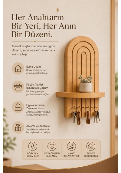 Lunara - Dekoratif Raflı Anahtarlık Askılığı - 6 Askılı Safir Meşe Mdf Lam Duvar Anahtarlığı - Antre Ev Giriş Düzenleyici Kahverengi - 891845490