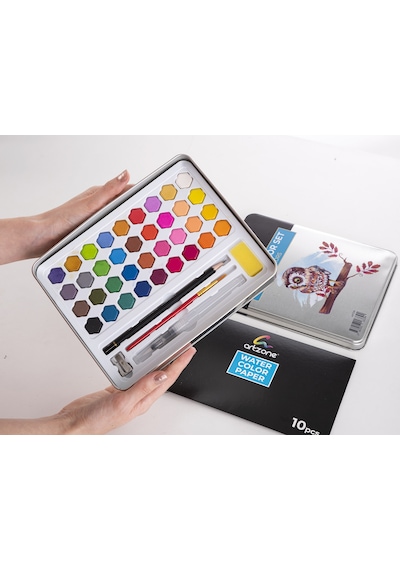 Tablet Sulu Boya Seti 36 Renk Metal Kutu + Fırça Ve Kağıt Hediyel