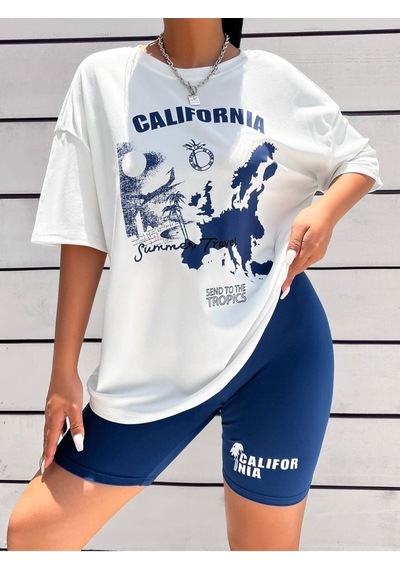 Flood Of Style Kadın Beyaz Mavi Calıfornıa Baskılı Bisiklet Yaka Tshirt