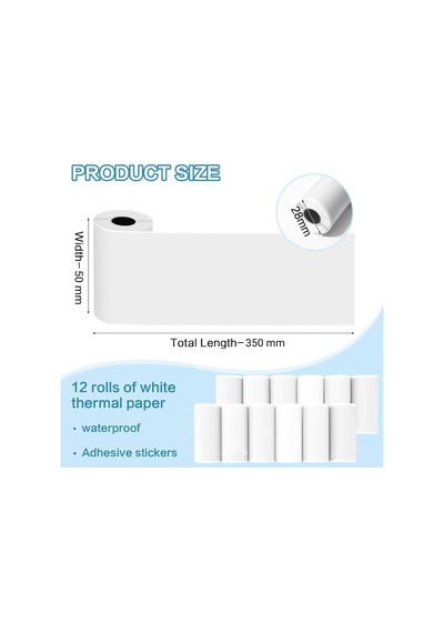 Katlanabilir Termal Yazıcı Kağıdı - 12 Adet Beyaz Termal Yazıcı Etiket Rulosu, 50mm X 3.5 Metre Kağıt Ölçüs Genel