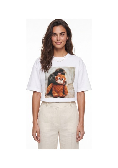 Onloox Kadın Beyaz Beyaz Pamuklu Bisiklet Yaka Kısa Kollu Oversize Maymun Punch Dijital Baskılı T-shirt