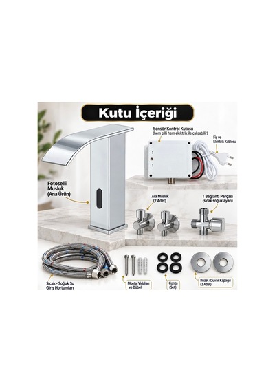 Rena Design Fotoselli Sensörlü Krom Kare Lavabo Bataryasi Temassiz Otomatik Tasarruflu Modern Musluk