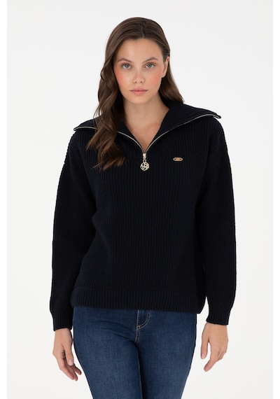 U.S. Polo Assn. Kadın Lacivert V Yaka Fermuarlı Kazak 50297086-VR033