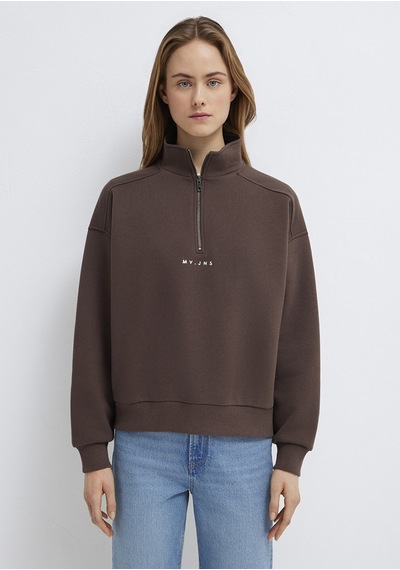 Mavi - Mvjns Nakışlı Yarı Fermuarlı Kahverengi Sweatshirt 1s10533-71603