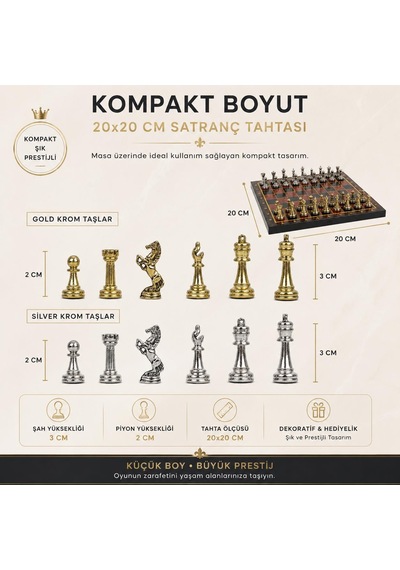 Lüks Metal Satranç Takımı Krom Figürlü 20x20 Cm Kırmızı Tahta Dekoratif Koleksiyon Hediye Seti Özel