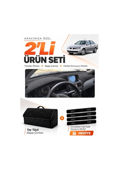 Nissan Almera Ekranlı 2000-2006 Uyumlu Torpido Örtüsü + Tay Tüyü Bagaj Çantası Seti - Siyah